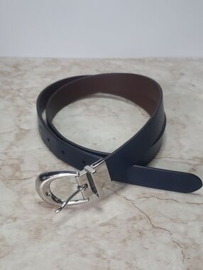 Ralph Lauren Reversible Navy and Brown Leather Belt with Silver Buckle